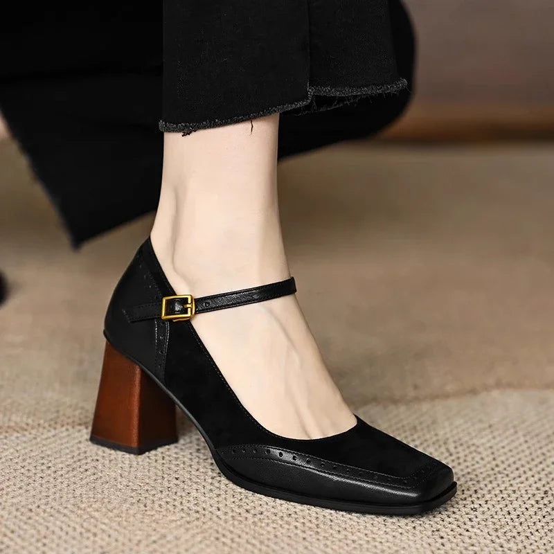 Women's Vintage-Inspired Square Toe Block Heel Pumps