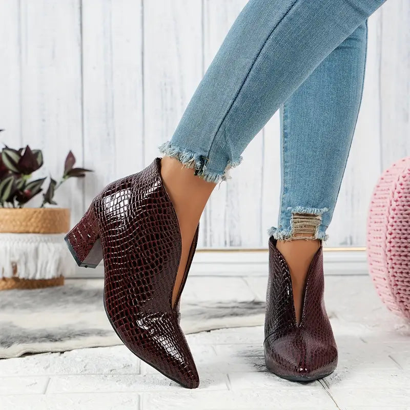 Women's Textured Curved Cut Mid Block Heel Ankle Boots