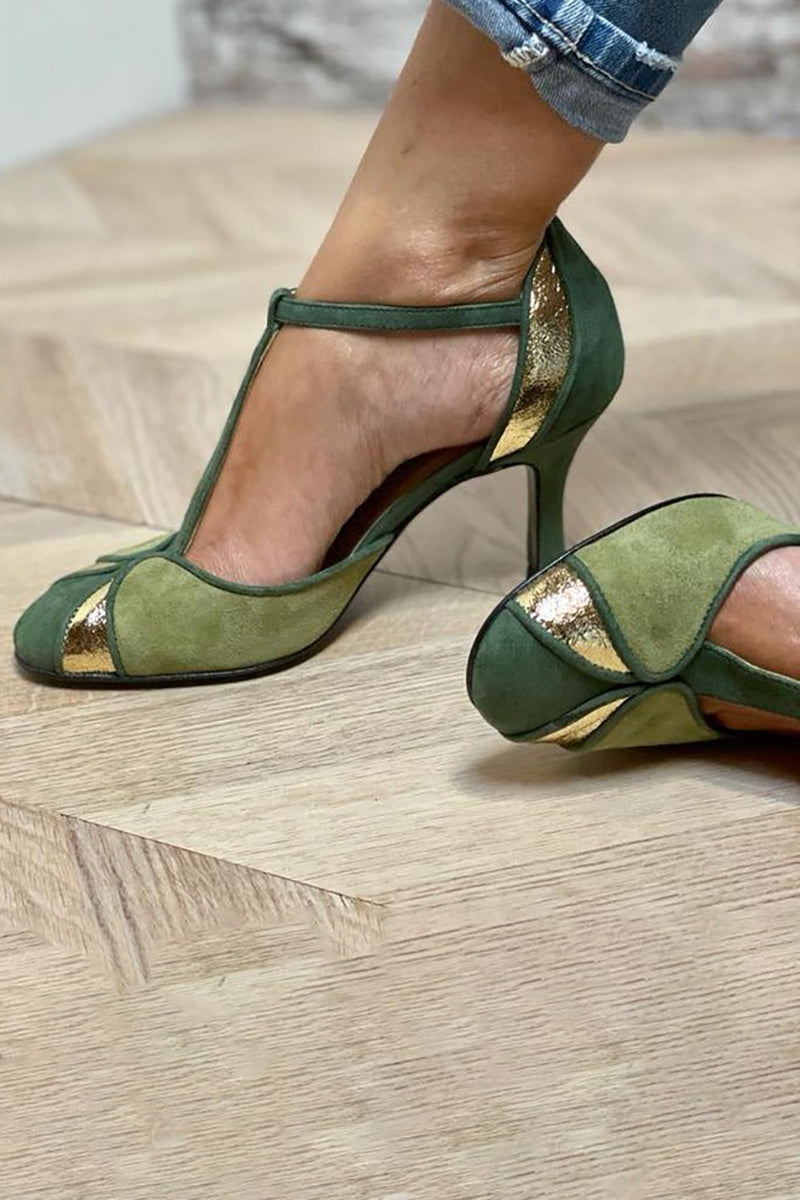 Women's Vibrant Green Patchwork T-Strap Closed Toe Heels