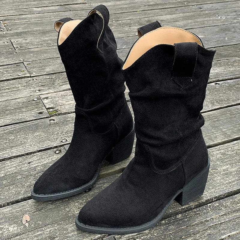 Women's Plus Size Mid Calf Thick Heeled Western Boots