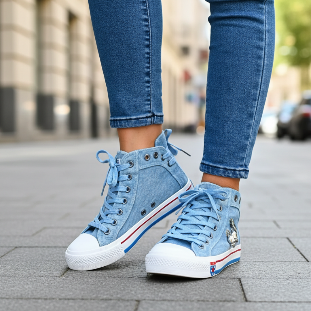 Women's High Top Sneakers in Blue Denim with Double Zipper and Laces