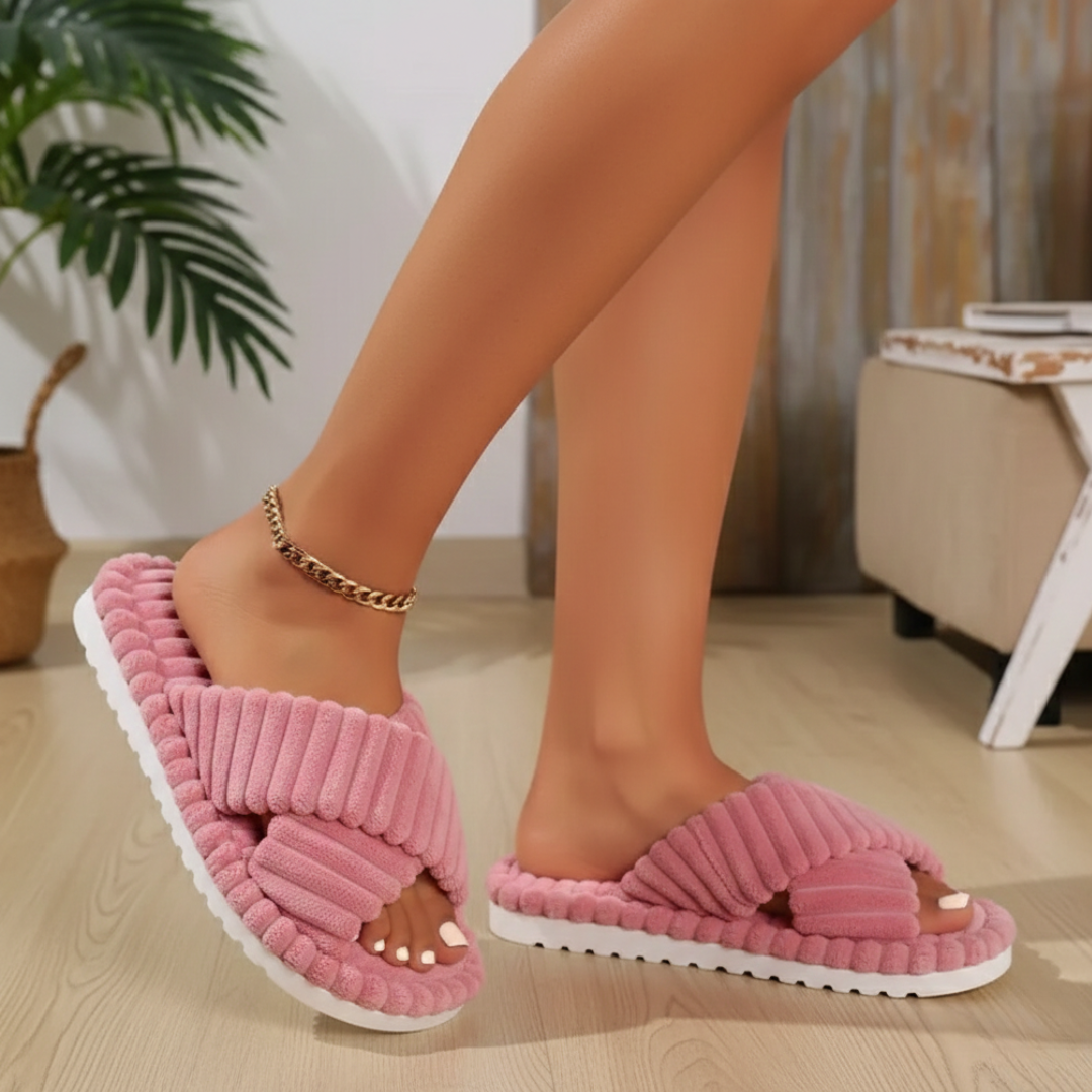 Women’s Slippers with Crossed Plush Straps and Thick Sole
