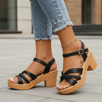 Women's Sandals with Wide Heel and Woven Platform