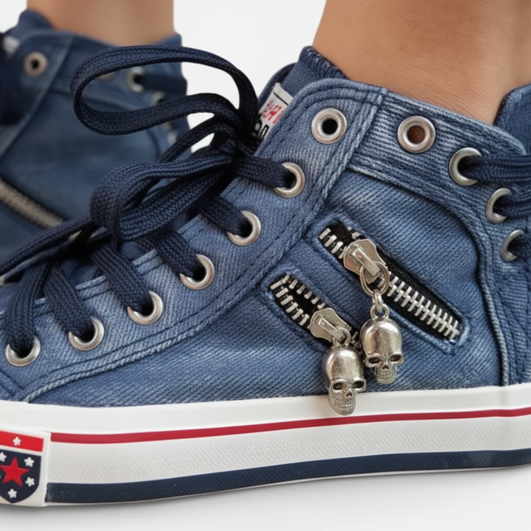 Women's High Top Sneakers in Blue Denim with Double Zipper and Laces