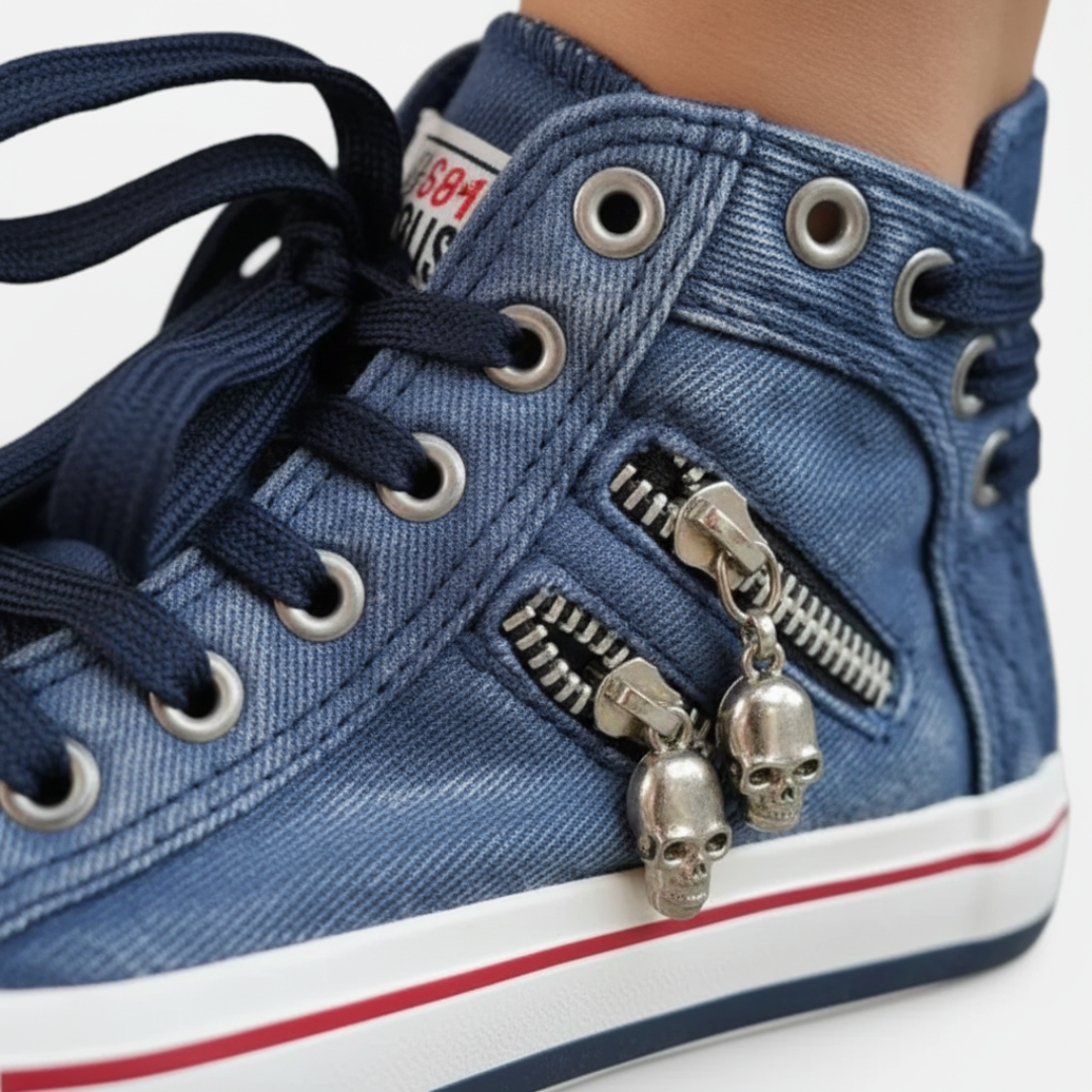 Women's High Top Sneakers in Blue Denim with Double Zipper and Laces