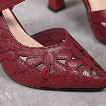 Women’s Pointed Toe Slingback Floral Cutout Wide Heel