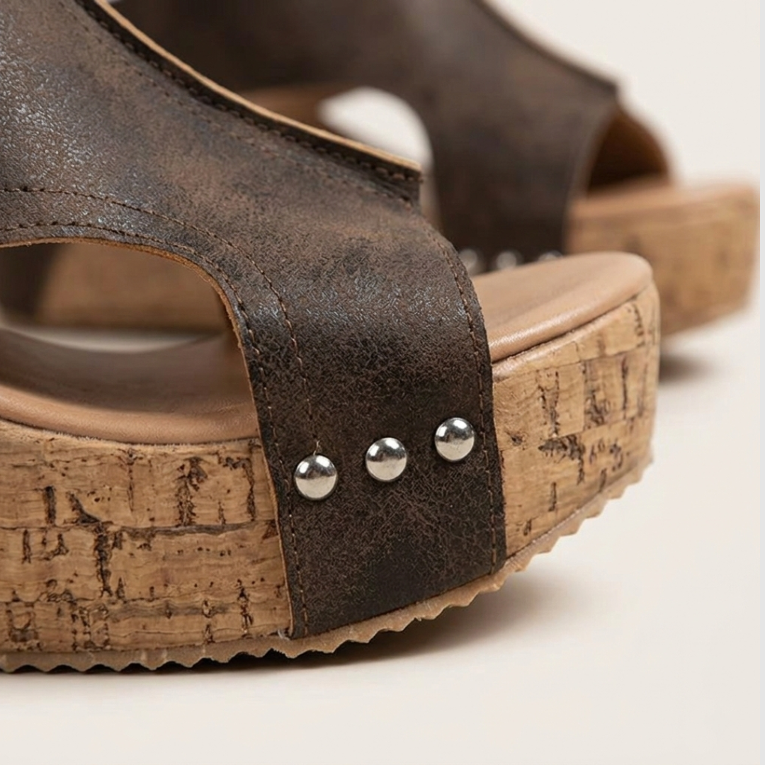 Women's Platform Sandals with Cork Wedge and Studs