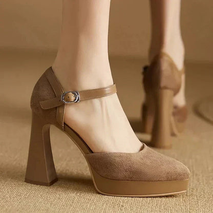 Women's Elegant Ankle Strap Platform Block Heel Pumps