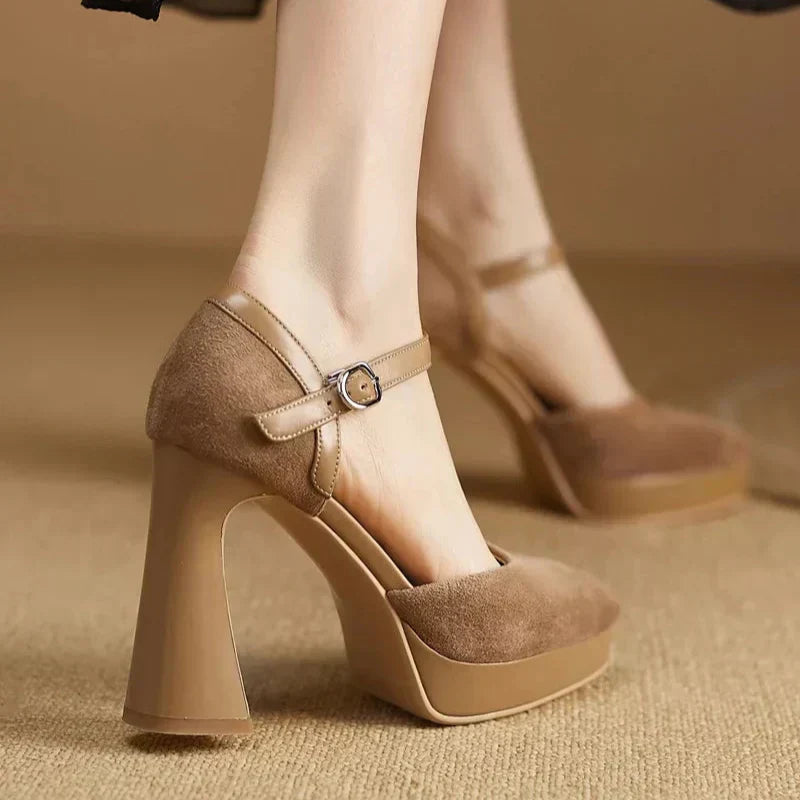 Women's Elegant Ankle Strap Platform Block Heel Pumps