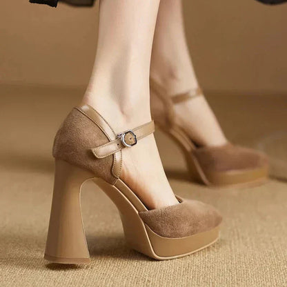 Women's Elegant Ankle Strap Platform Block Heel Pumps