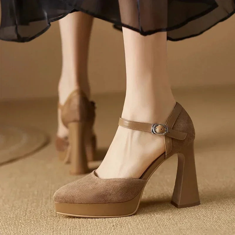 Women's Elegant Ankle Strap Platform Block Heel Pumps