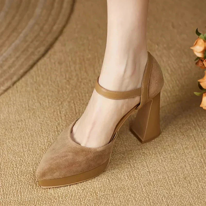 Women's Elegant Ankle Strap Platform Block Heel Pumps