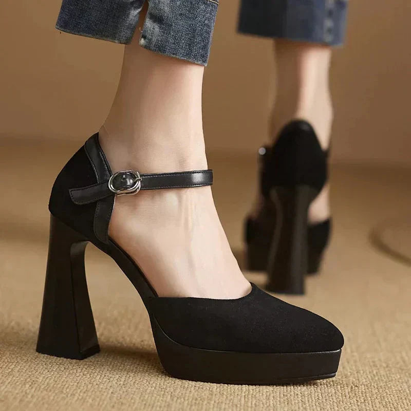 Women's Elegant Ankle Strap Platform Block Heel Pumps