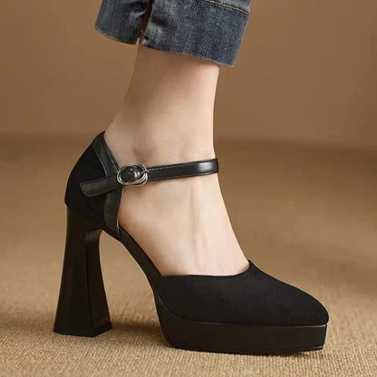 Women's Elegant Ankle Strap Platform Block Heel Pumps