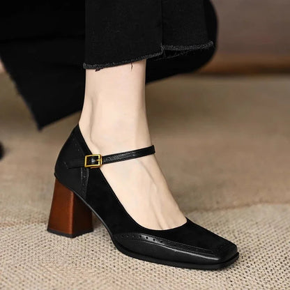 Women's Vintage-Inspired Square Toe Block Heel Pumps