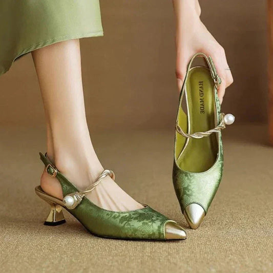 Women's Elegant Pearl Strap Slingback Kitten Heels