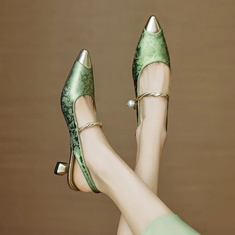Women's Elegant Pearl Strap Slingback Kitten Heels