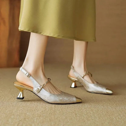 Women's Elegant Pearl Strap Slingback Kitten Heels