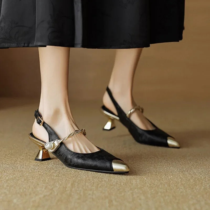 Women's Elegant Pearl Strap Slingback Kitten Heels