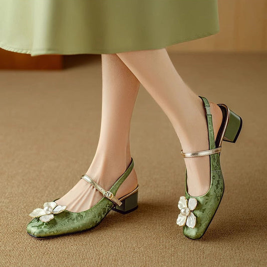 Women's Floral Slingback Block Heel Pumps
