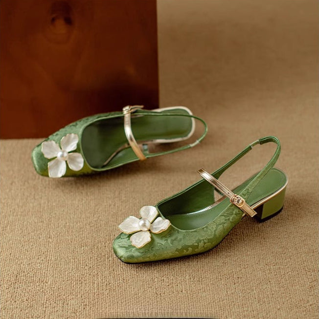 Women's Floral Slingback Block Heel Pumps