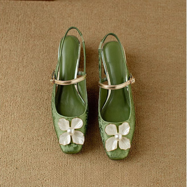 Women's Floral Slingback Block Heel Pumps