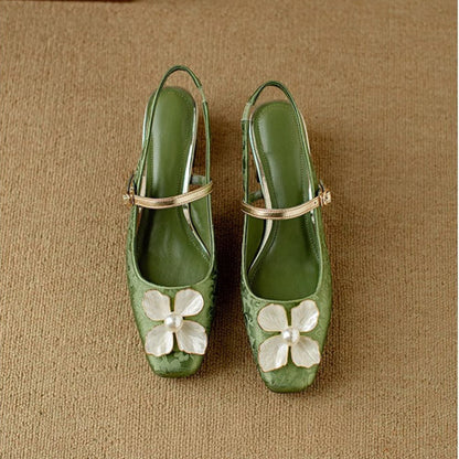 Women's Floral Slingback Block Heel Pumps