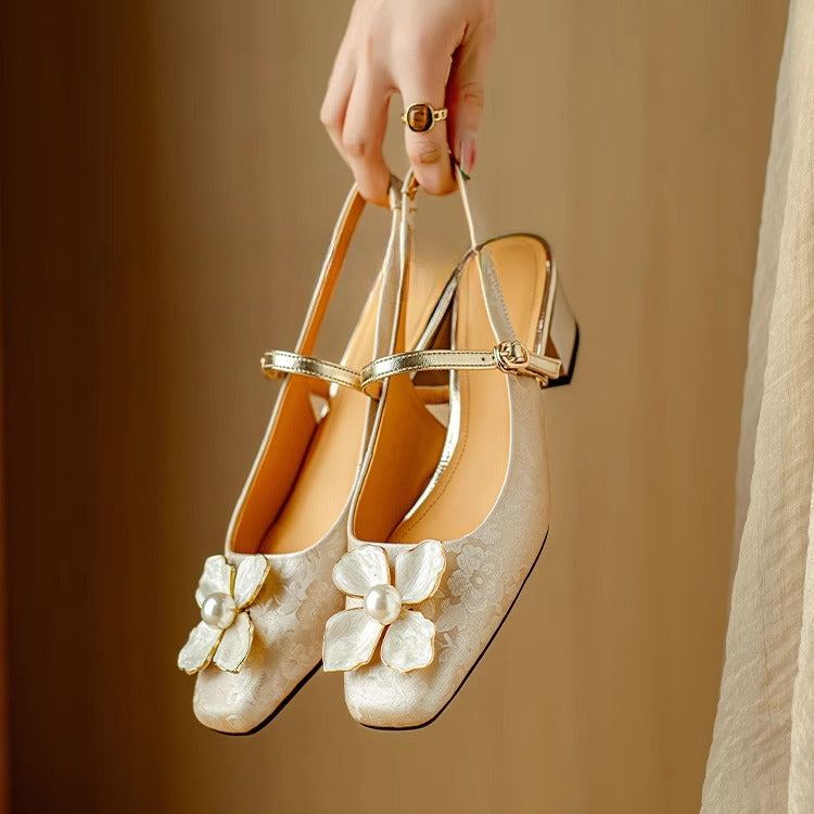 Women's Floral Slingback Block Heel Pumps