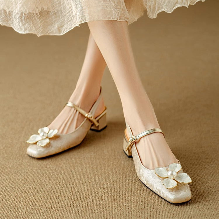 Women's Elegant Floral Jacquard Mary Jane Block Heel Pumps