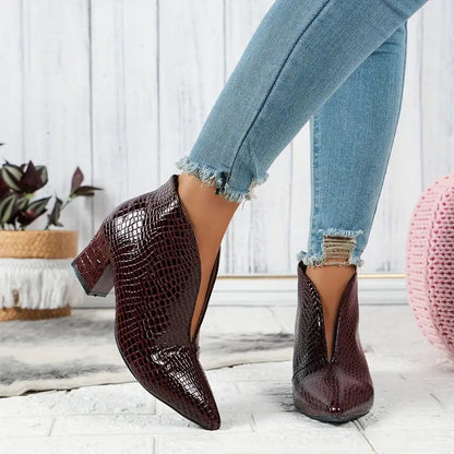 Women's Textured Curved Cut Mid Block Heel Ankle Boots