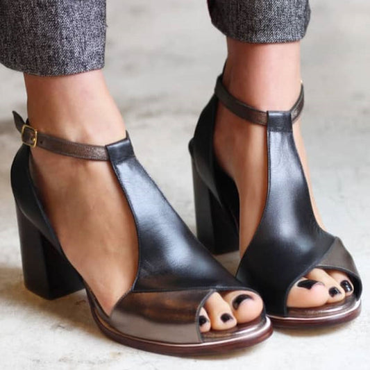 Women's Stylish Black Patchwork Peep Toe Heels
