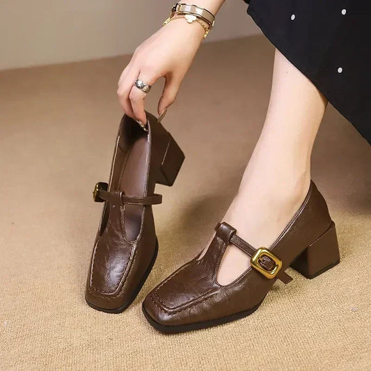 Women's Vintage French Square Toe Block Heel Mary Jane Shoes