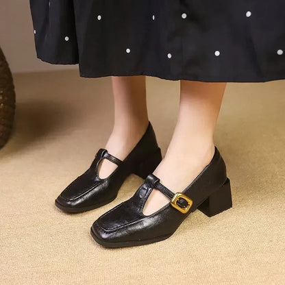 Women's Vintage French Square Toe Block Heel Mary Jane Shoes