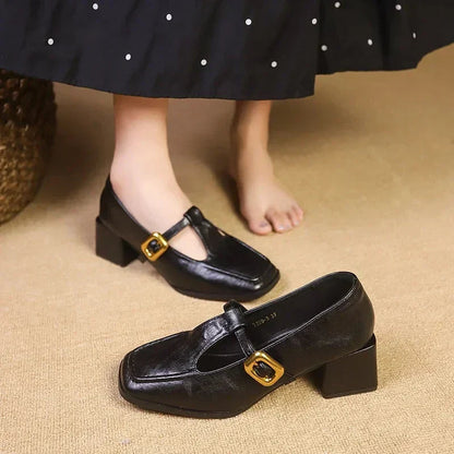 Women's Vintage French Square Toe Block Heel Mary Jane Shoes