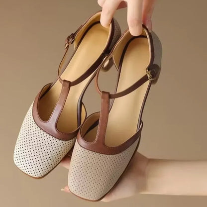Women's Vintage-Inspired Perforated T-Strap Block Heel Pumps