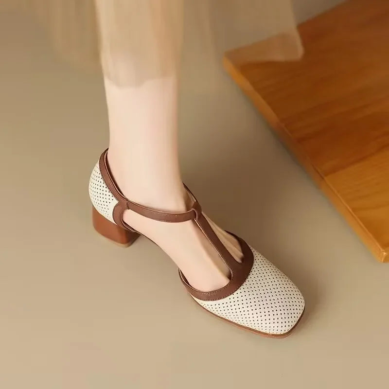 Women's Vintage-Inspired Perforated T-Strap Block Heel Pumps