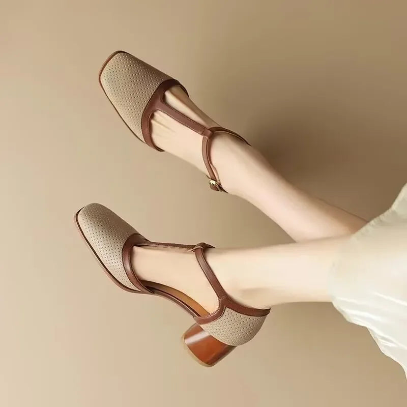 Women's Vintage-Inspired Perforated T-Strap Block Heel Pumps