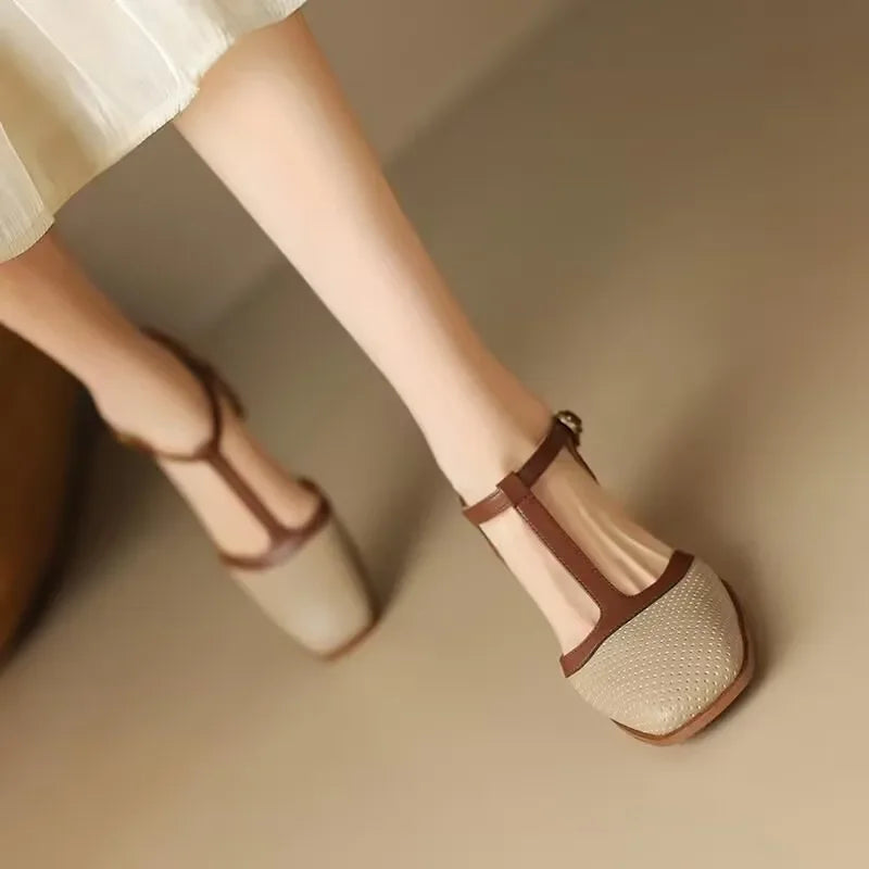 Women's Vintage-Inspired Perforated T-Strap Block Heel Pumps