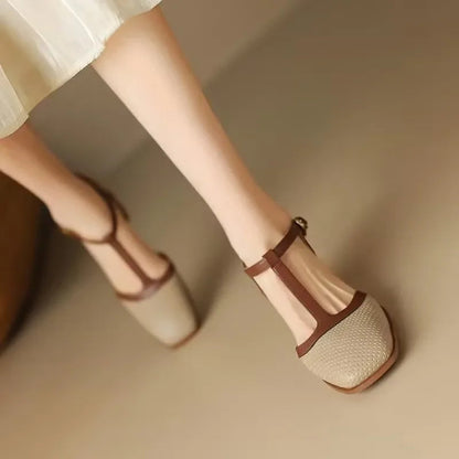 Women's Vintage-Inspired Perforated T-Strap Block Heel Pumps