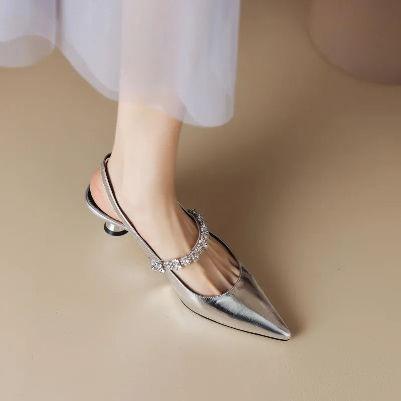 Women's Elegant Crystal Embellished Slingback Pointed Toe Heels