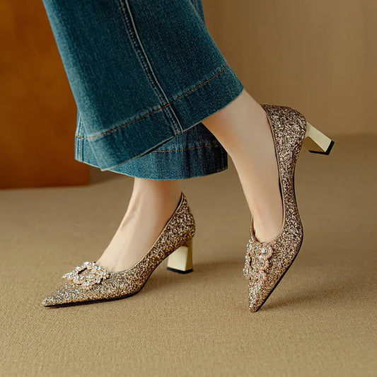 Women's Glitter Block Heel Pointed Toe Pumps