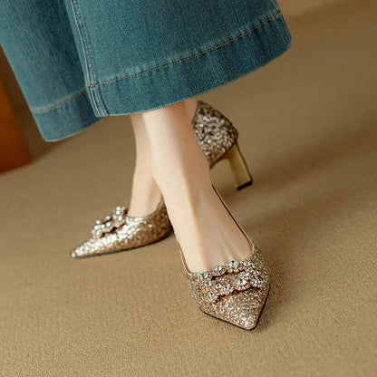 Women's Glitter Block Heel Pointed Toe Pumps