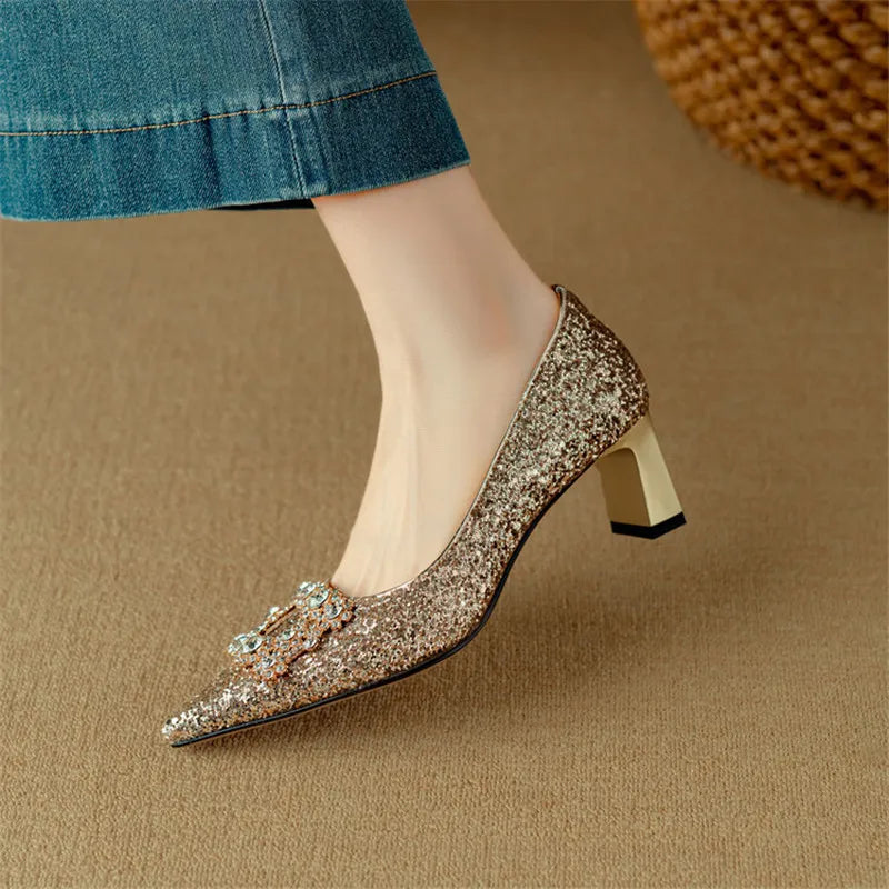 Women's Glitter Block Heel Pointed Toe Pumps