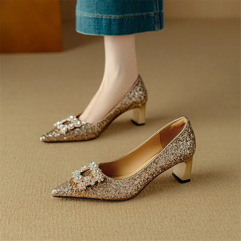 Women's Glitter Block Heel Pointed Toe Pumps