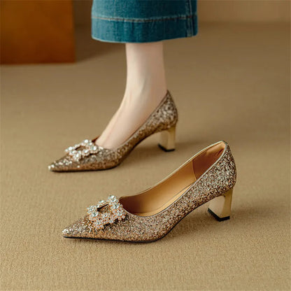 Women's Glitter Block Heel Pointed Toe Pumps