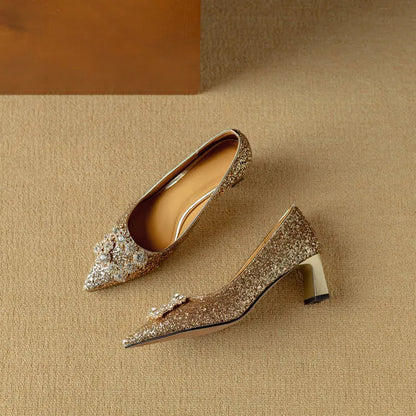 Women's Glitter Block Heel Pointed Toe Pumps