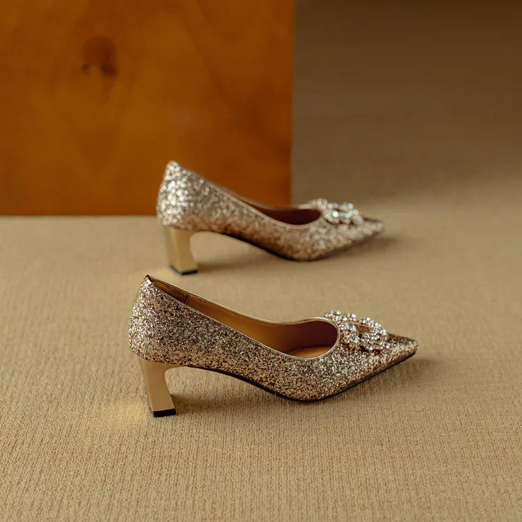 Women's Glitter Block Heel Pointed Toe Pumps