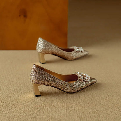 Women's Glitter Block Heel Pointed Toe Pumps