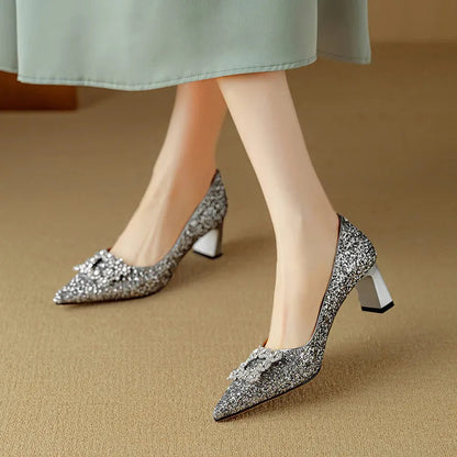 Women's Glitter Block Heel Pointed Toe Pumps
