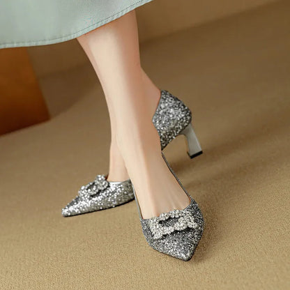 Women's Glitter Block Heel Pointed Toe Pumps